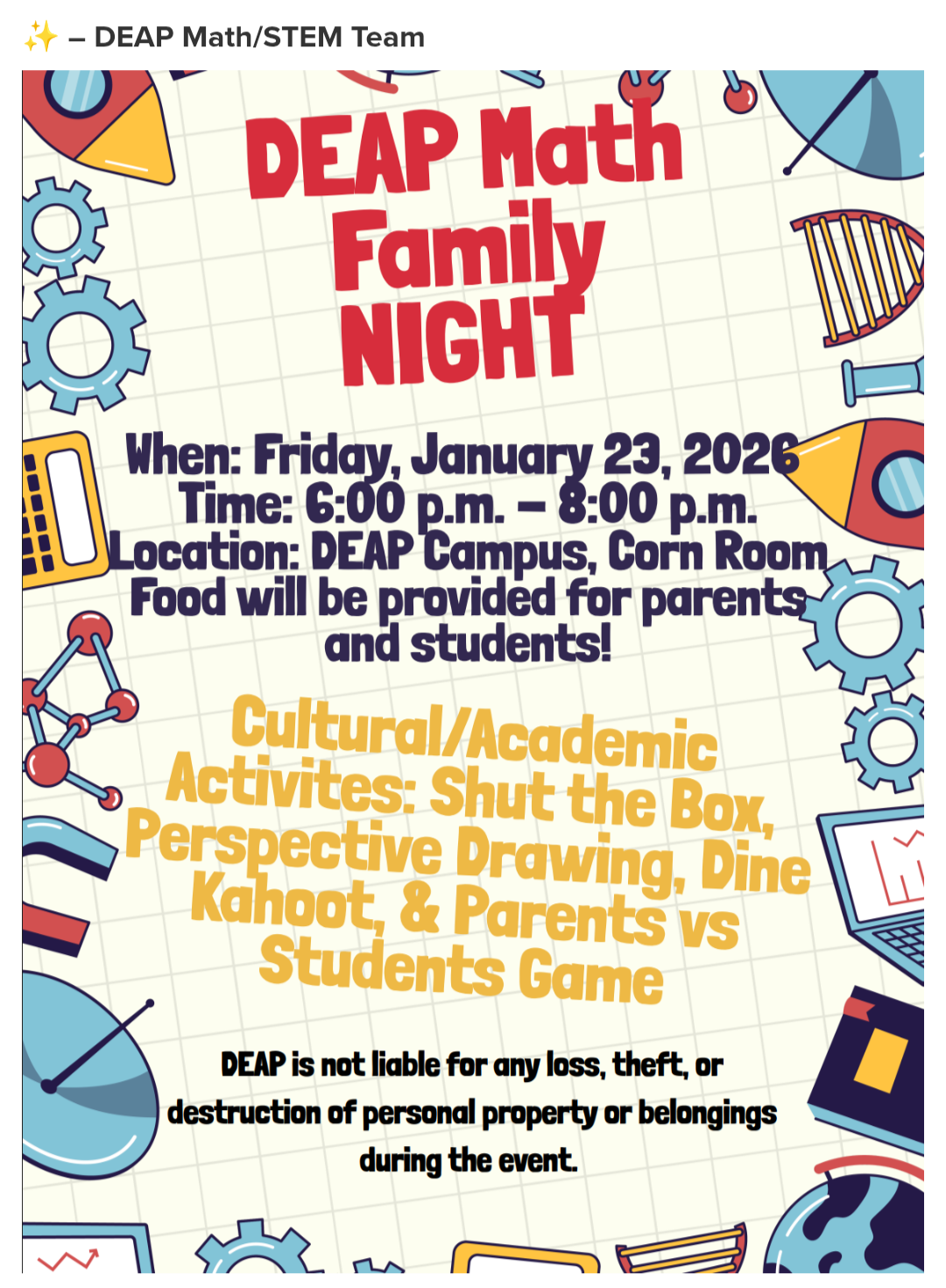 DEAP Math Family Night Poster