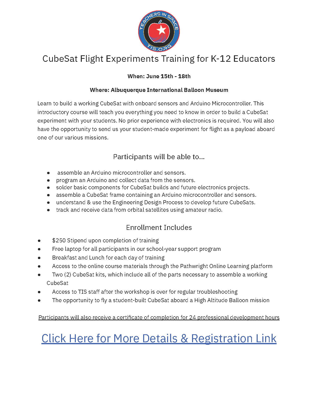 CubeSat Flight Experiments Training for K-12 Educators